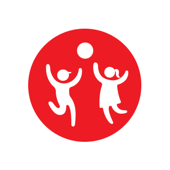 red circle with a white graphic of two children playing inside it