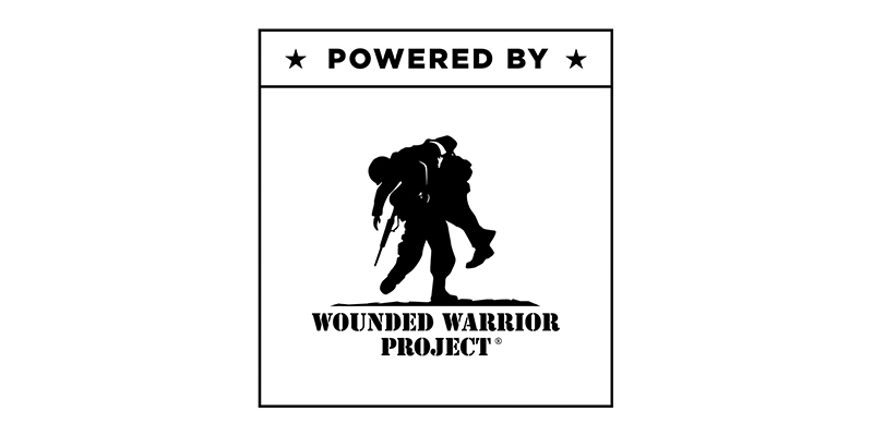 logo graphic of a shadow of a soldier carrying another soldier. text above says powered by. beneath says wounded warrior project